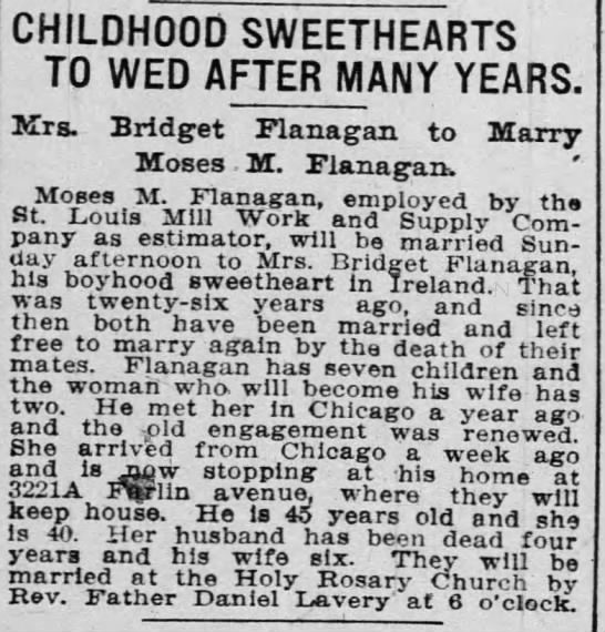 FLANAGAN Moses. Marriage to Bridget Flanagan - 
