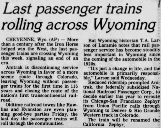 Last passenger trains rolling across Wyoming - 