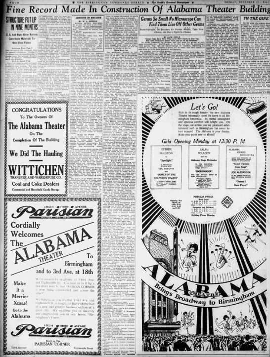 Alabama theatre grand opening ad and articles - 