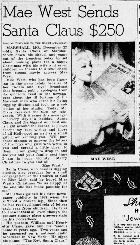 Mae West sends Santa Claus $250 for postage  - 