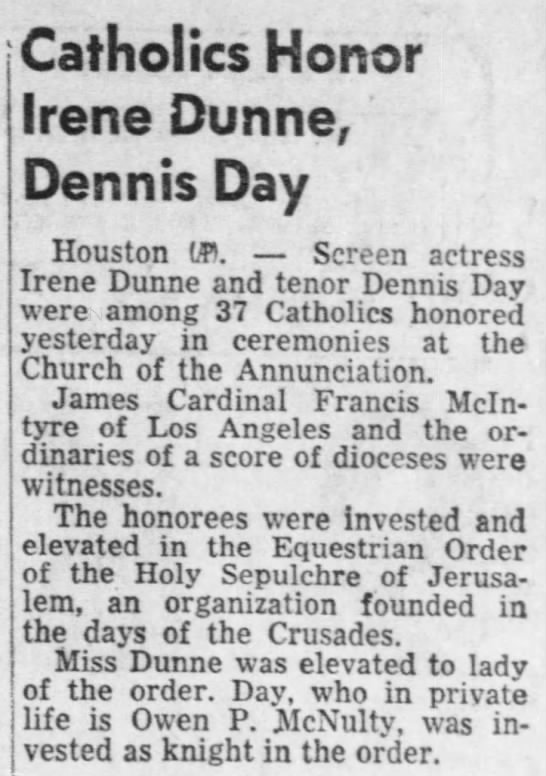 Catholics Honor Irene Dunne and Dennis Day - 