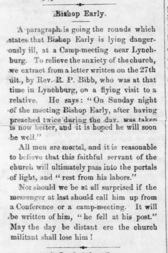 Bishop John Early (1786-1873) stricken ill following May 1857 death of his wife. - 