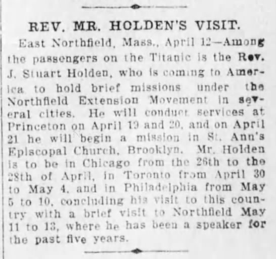 Rev. J Stuart Holden's wife became ill, so he returned his Titanic ticket. - 