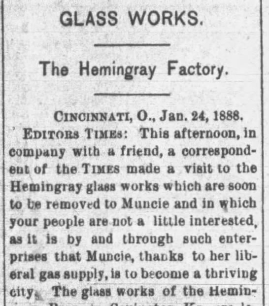 Hemingray Glass Works to move to Indiana - 1888 - 
