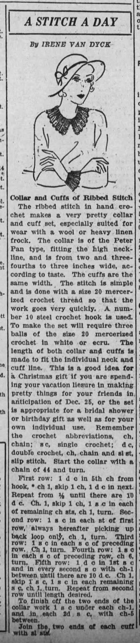 "Collar and cuffs of ribbed stitch" crochet pattern (1932) - 