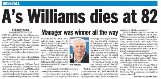 A's Williams dies at 82 - 