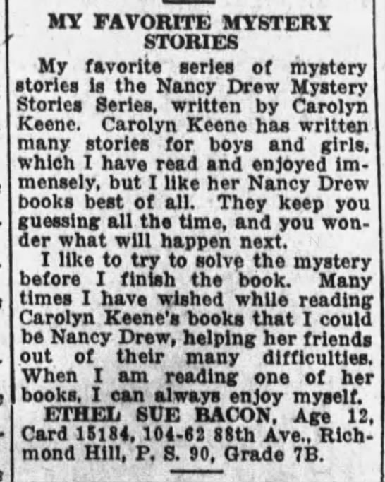 Nancy Drew saw immediate popularity; book review from 12-yr-old Ethel in 1933 - 