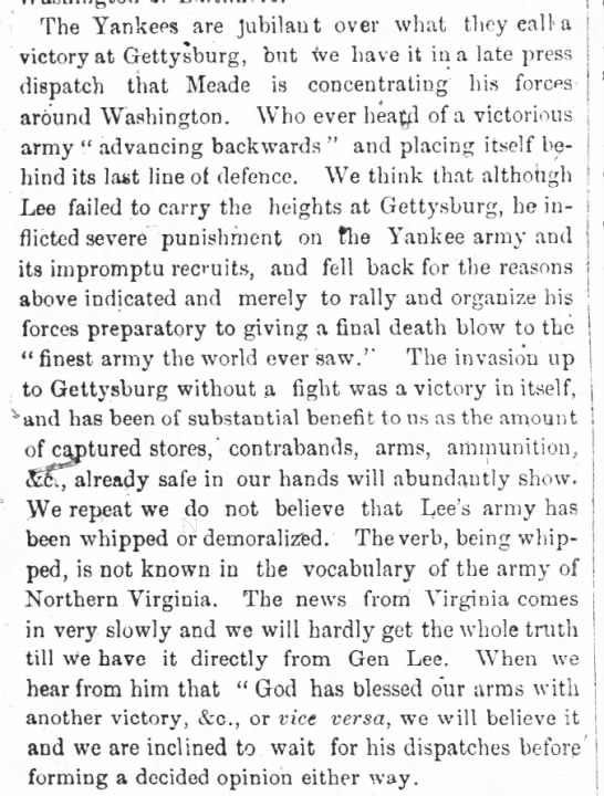 North Carolina newspaper is skeptical of word of Union victory at Gettysburg - 