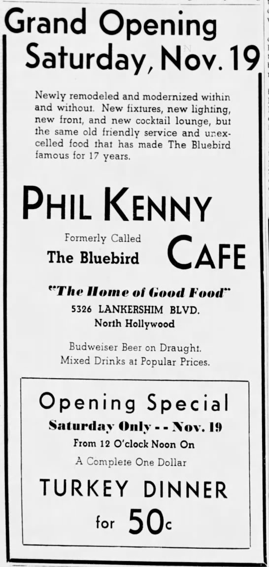 The Phil Kenny Cafe would offer "Happy Hour" in 1951. Opened in 1938. - 