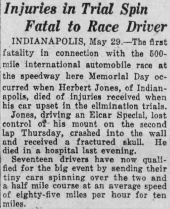 Death of race car driver Herb Jones - 