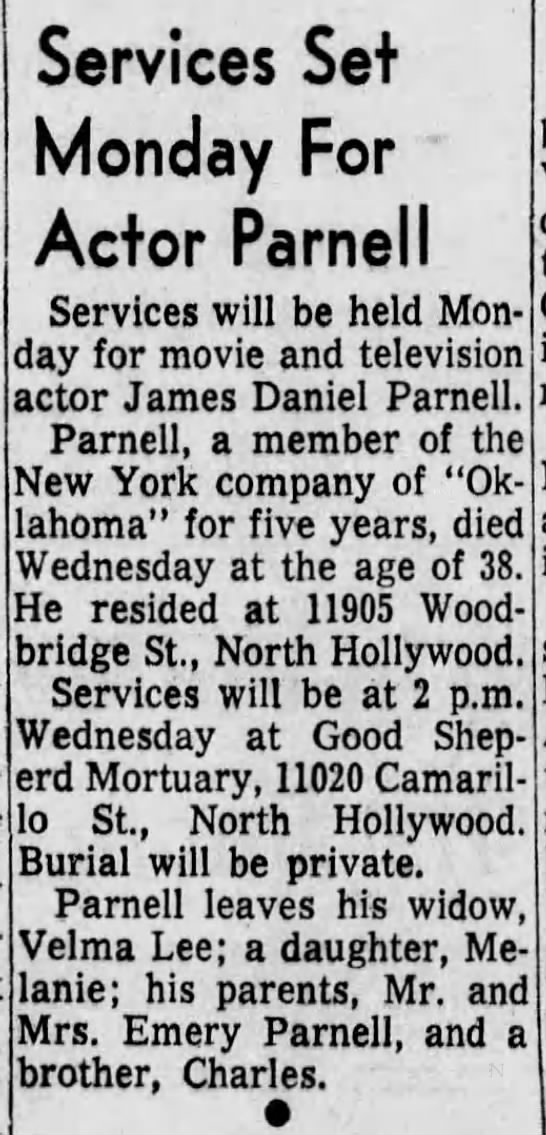 Services Set Monday For Actor Parnell - 
