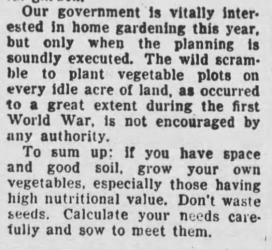 "Sound planning" and efficiency important in wartime gardening, 1942 - 