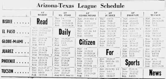 1947 Arizona-Texas League schedule - 
