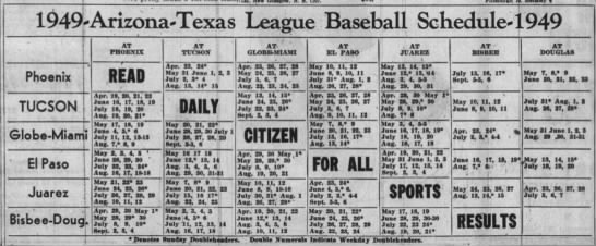 1949 Arizona-Texas League schedule - 