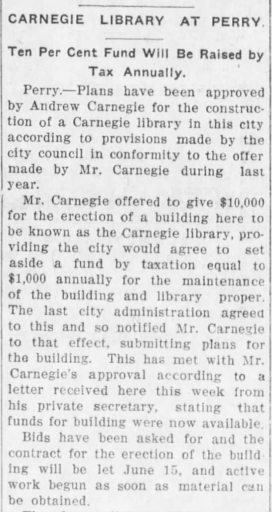 Carnegie to build library in Norman, Oklahoma. Ten percent fund needed. - 