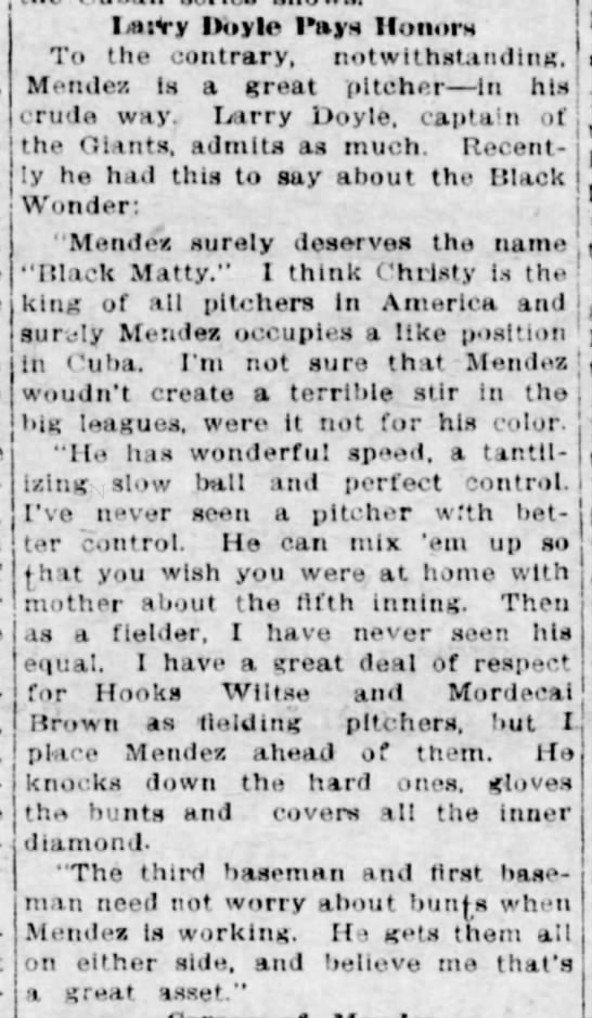 Jose Mendez praise 1912 - 