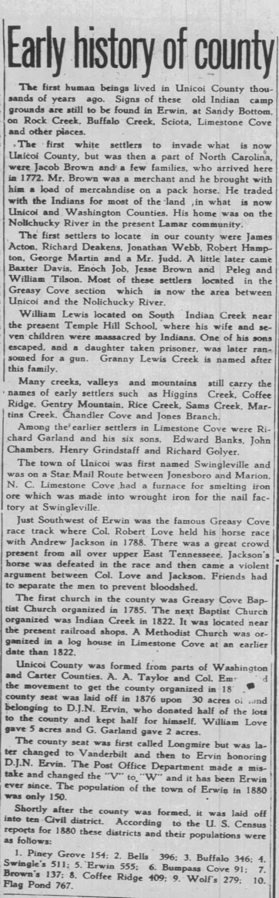 History of Unicoi Co, incl. Greasy Cove (formerly part of Washington Co) - 