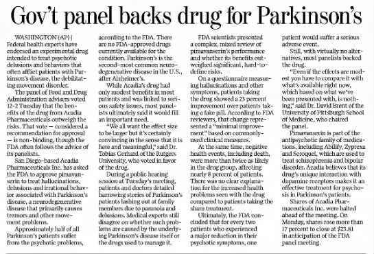 gov panel backs drug for parkinsons - 