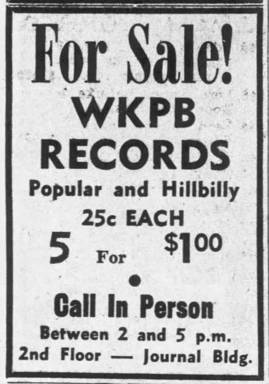 For Sale! WKPB Records, Popular and Hillbilly: 25¢ Each, 5 for $1.00 - 
