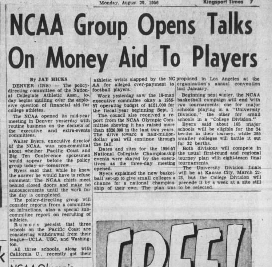 NCAA Group Opens Talks On Money Aid To Players - 