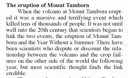 Year Without a Summer and eruption of Mount Tambora linked - 