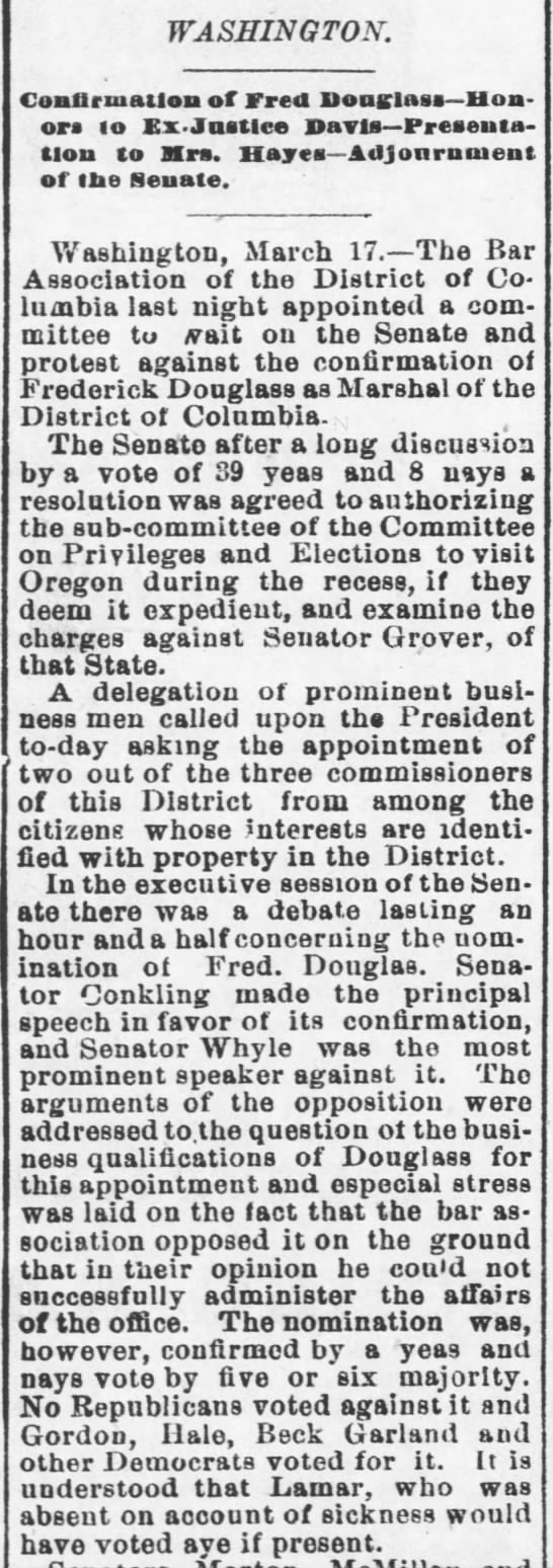 U.S. Senate confirms Frederick Douglass as Marshal for the District of Columbia in 1877 - 