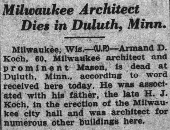 Milwaukee Architect Dies in Duluth, Minn. - 