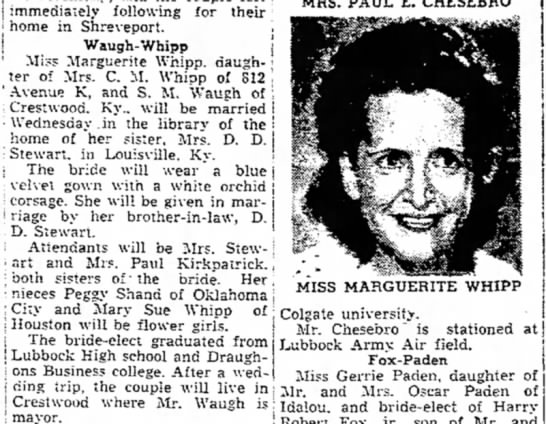 Marguerite Whipp and S.M. Waugh marriage. OldhamKy - 
