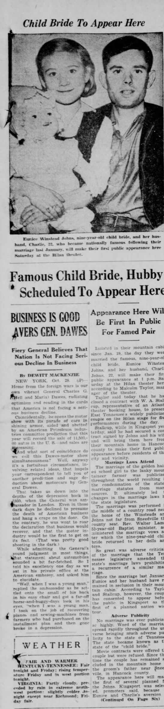 Child Bride-Hancock County Tenn.
Eunice Winstead, age 9 
married to Charlie Johns age 22. - 