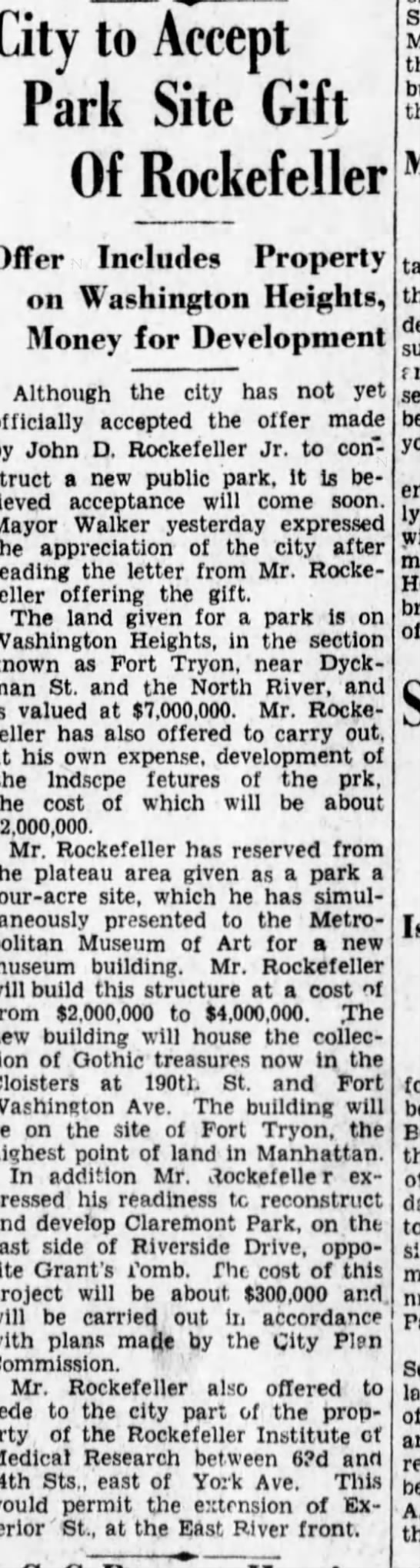 City to Accept Park Site Gift of Rockefeller - 