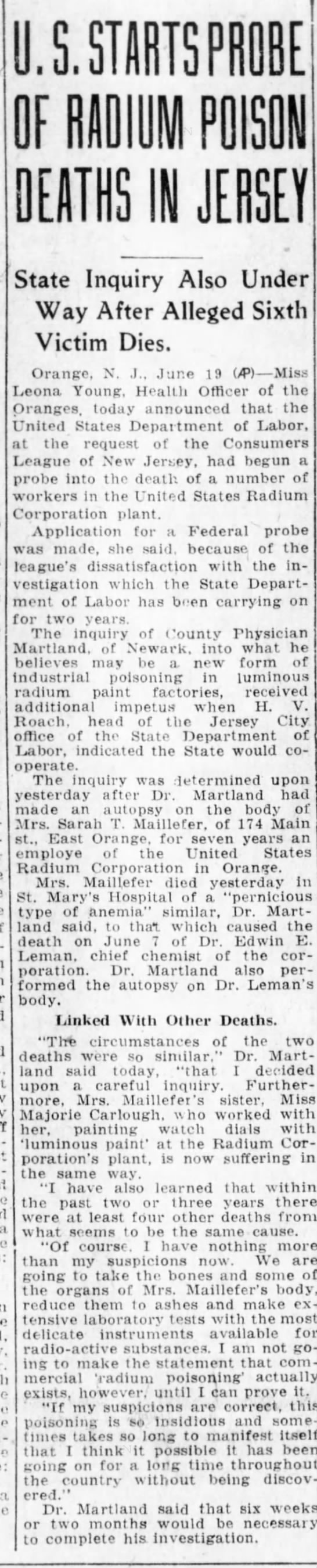 US Starts Probe of Radium Poison Deaths in Jersey, United States Radium Corporation (1925) - 