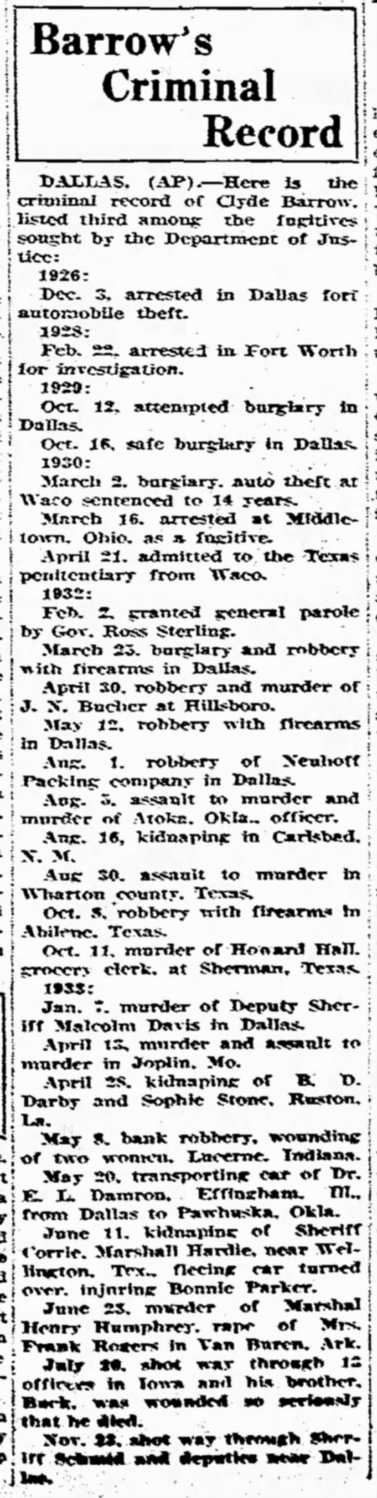 Clyde Barrow's criminal record from Dec 1926 through Nov 1933 - 