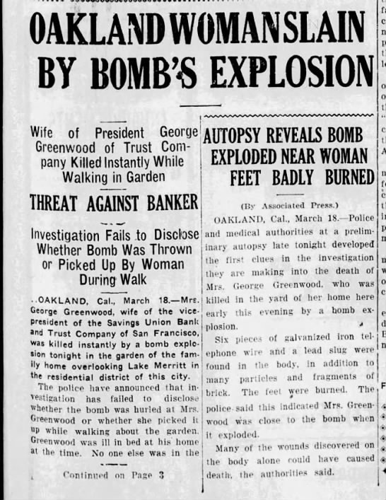 Oakland Women Slain By Bomb's Explosion - 