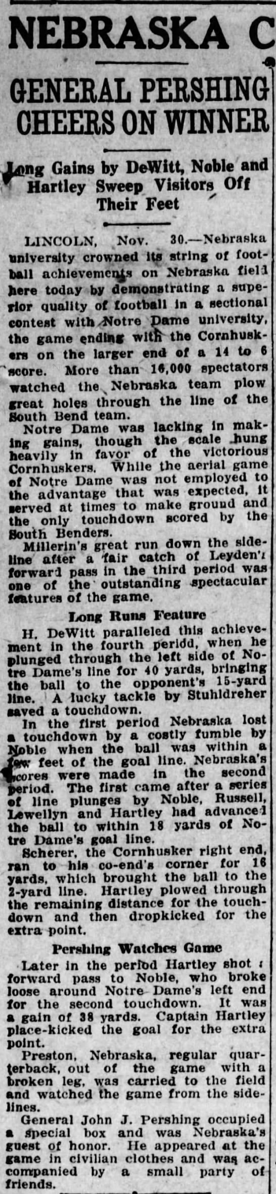 1922 Nebraska-Notre Dame football syndicate story - 