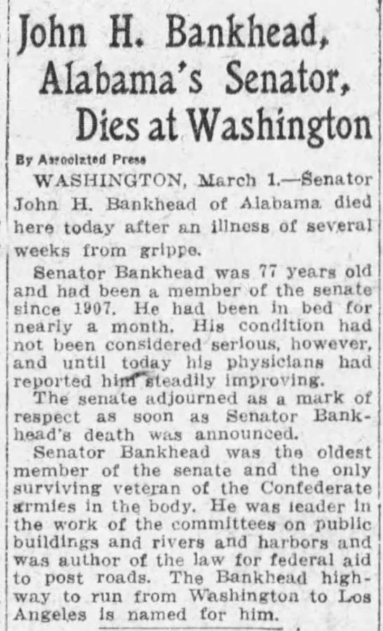 John H. Bankhead, Alabama's Senator, Dies at Washington - 