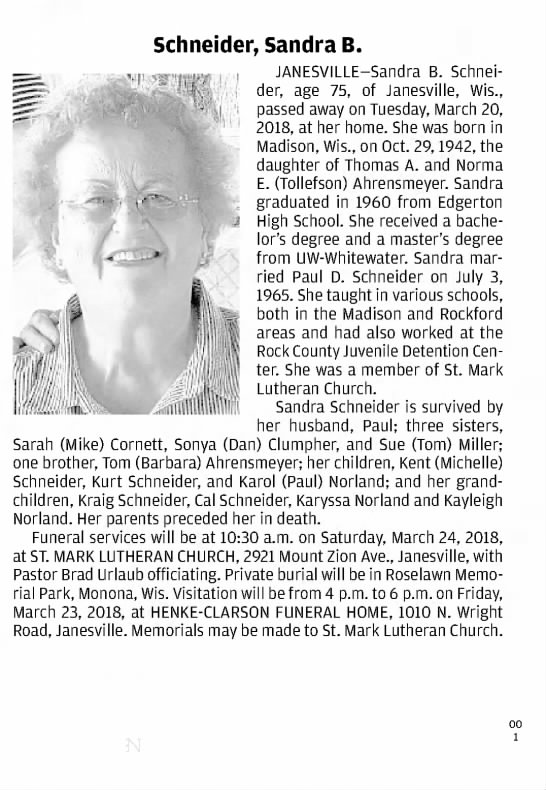 Obituary for Sandra B. Schneider - 