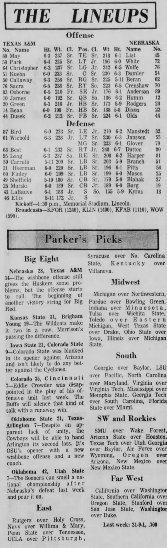 1972 Nebraska-Texas A&M football games lineups - 