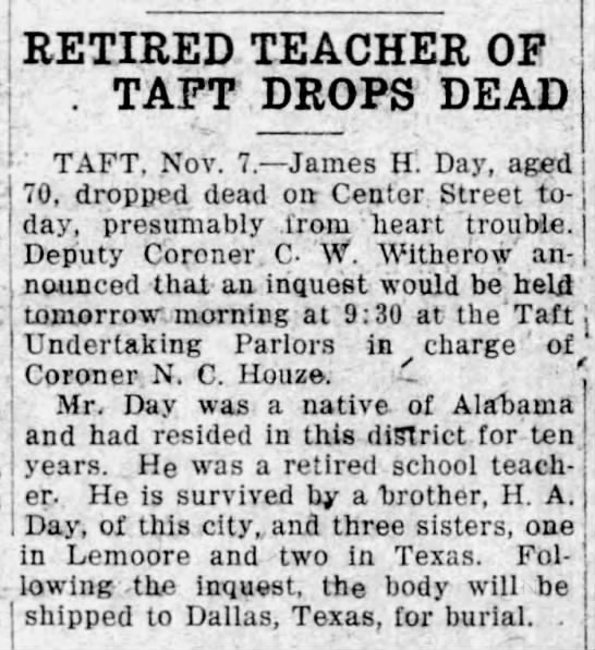 Retired Teacher of Taft Drops Dead - 