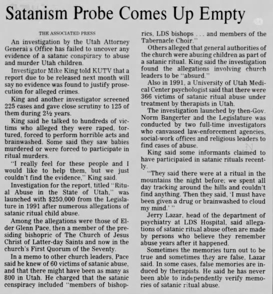 Salt Lake Tribune - Satanism Probe Come Up Empty - Feb. 1995 - 