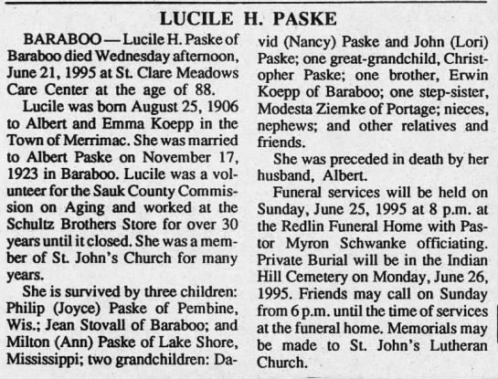 Lucile (Koppe) Paske
Obituary 25 June 1995 - 