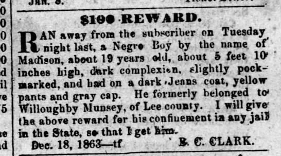 Reward for runaway slave, Virginia 1864 - 
