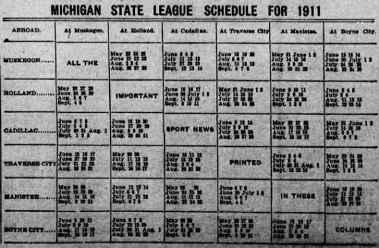 1911 Michigan State League schedule - 
