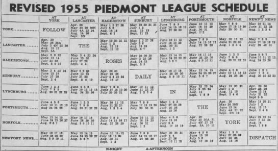 1955 Piedmont League schedule - 