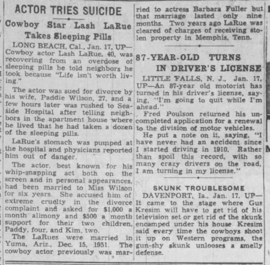 January, 1958 suicide attempt by western movie actor Lash LaRue due to his wife filing for divorce. - 