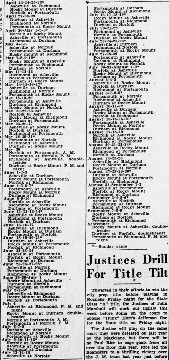 1936 Piedmont League schedule - 