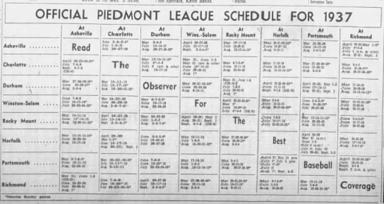 1937 Piedmont League schedule - 