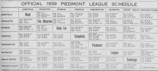 1939 Piedmont League schedule - 