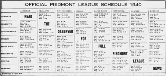 1940 Piedmont League schedule - 