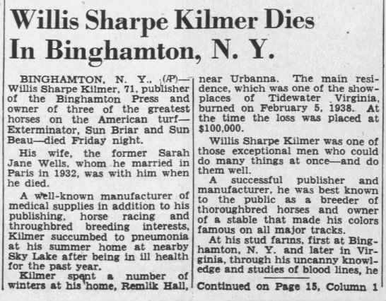 Willis Sharpe Kilmer Dies In Binghamton, N.Y. (part 1) - 