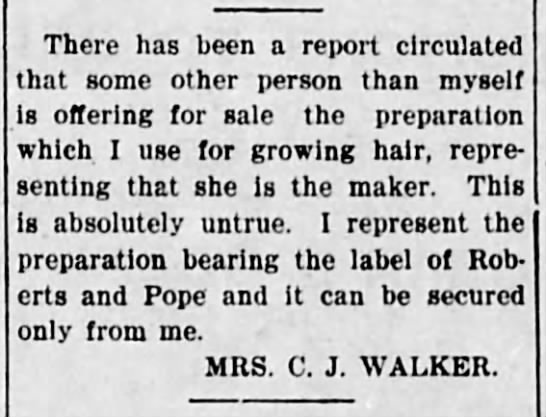 Madam C.J. Walker warns of imitations of Annie Malone's ("Roberts & Pope") hair products in Denver - 